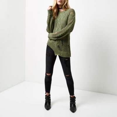 Khaki cable knit laddered cut out hem jumper